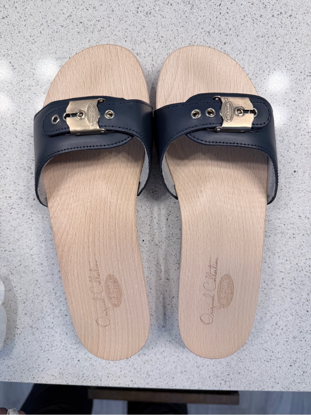 Dr. Scholl's Navy Leather Slide Sandals with Gold Buckle